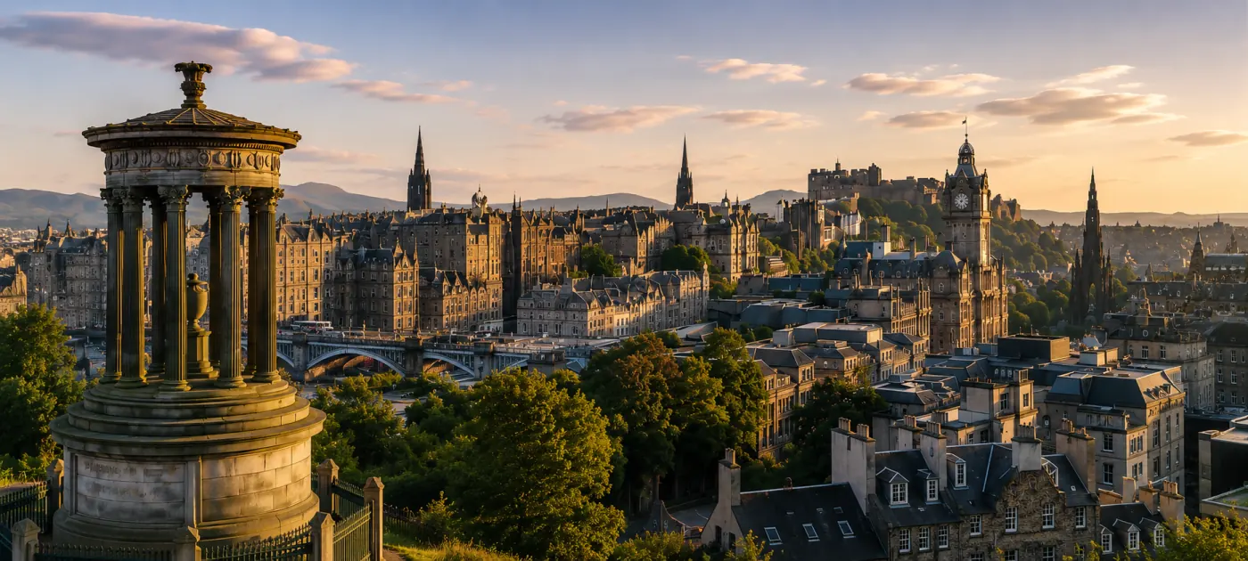 Edinburgh skyline at golden hour with Old Town and Calton Hill