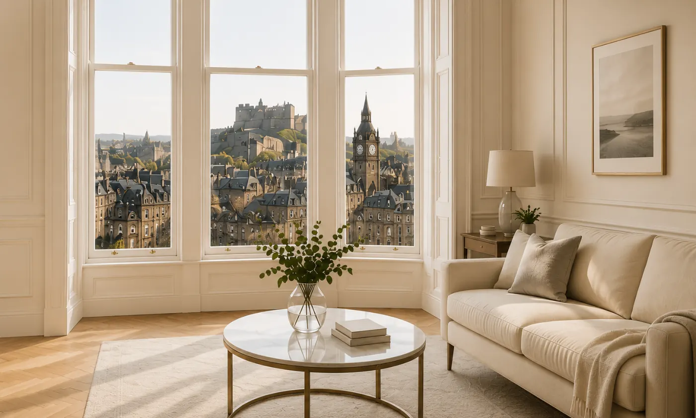 Elegant Scottish living room with bay window and Edinburgh view